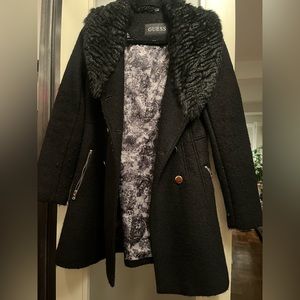 Women's Black Faux-fur Collar Double-breasted Walker Coat